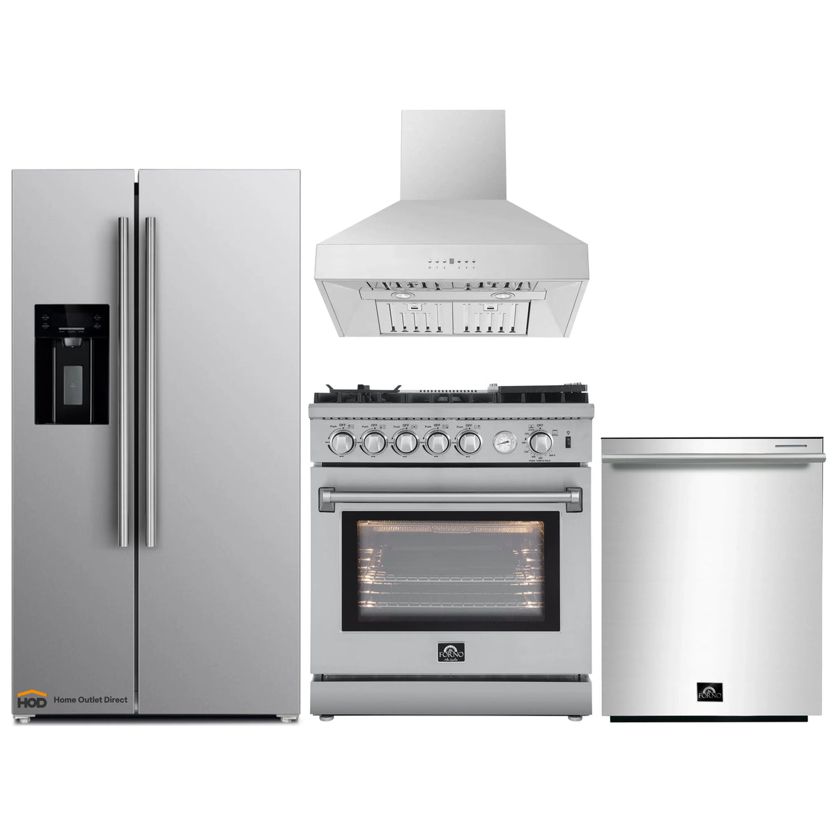 Forno 4-Piece Appliance Package - 30-Inch Gas Range with Air Fryer, Refrigerator with Water Dispenser, Wall Mount Hood, & 3-Rack Dishwasher in Stainless Steel - APW4-6276-30-H