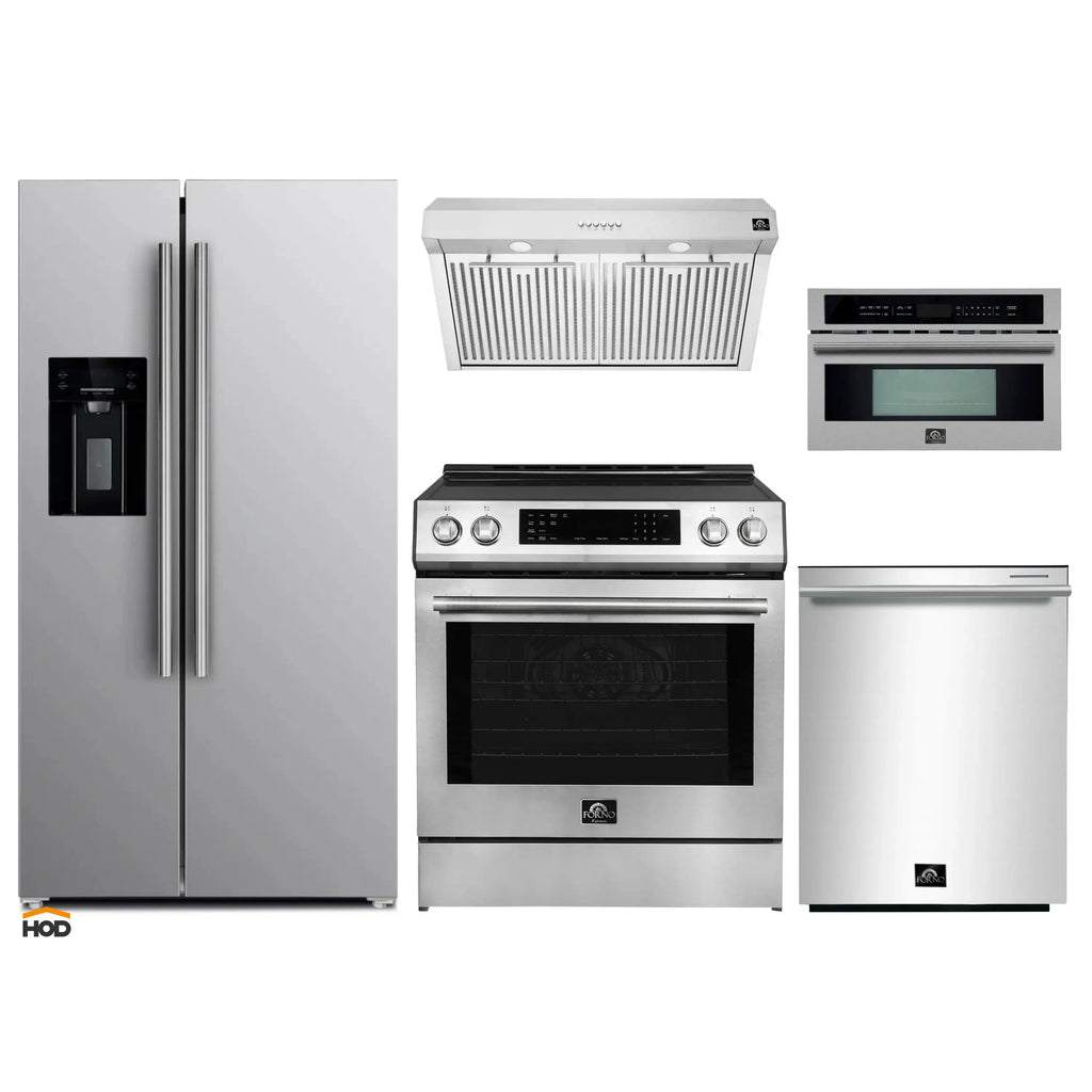 Forno 5-Piece Appliance Package - 30-Inch Induction Range, Under Cabinet Range Hood, Refrigerator with Water Dispenser, Dishwasher, and 30-Inch Microwave Drawer in Stainless Steel - APW5-905-30-MWD30