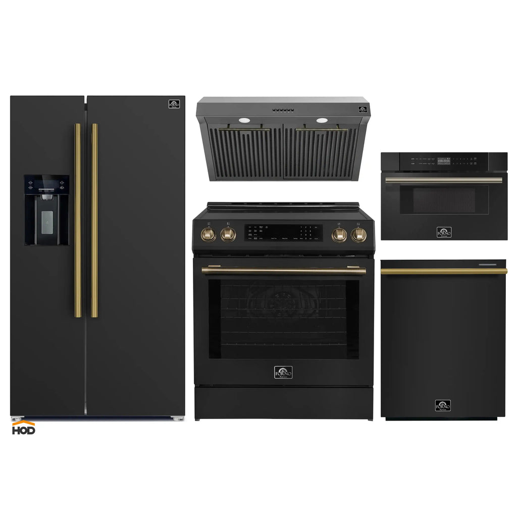 Forno 5-Piece Appliance Package - 30-Inch Induction Range, Under Cabinet Range Hood, Refrigerator with Water Dispenser, Dishwasher, and 30-Inch Microwave Drawer in Black with Antique Brass Trim - APW5-905-30BLK-MWD30