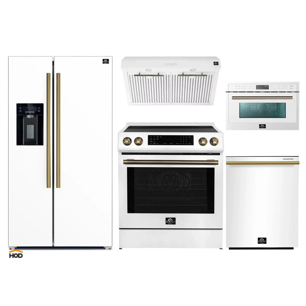 Forno 5-Piece Appliance Package - 30-Inch Induction Range, Under Cabinet Range Hood, Refrigerator with Water Dispenser, Dishwasher, and 30-Inch Microwave Oven in White with Antique Brass Trim - APW5-905-30WHT-MWO30