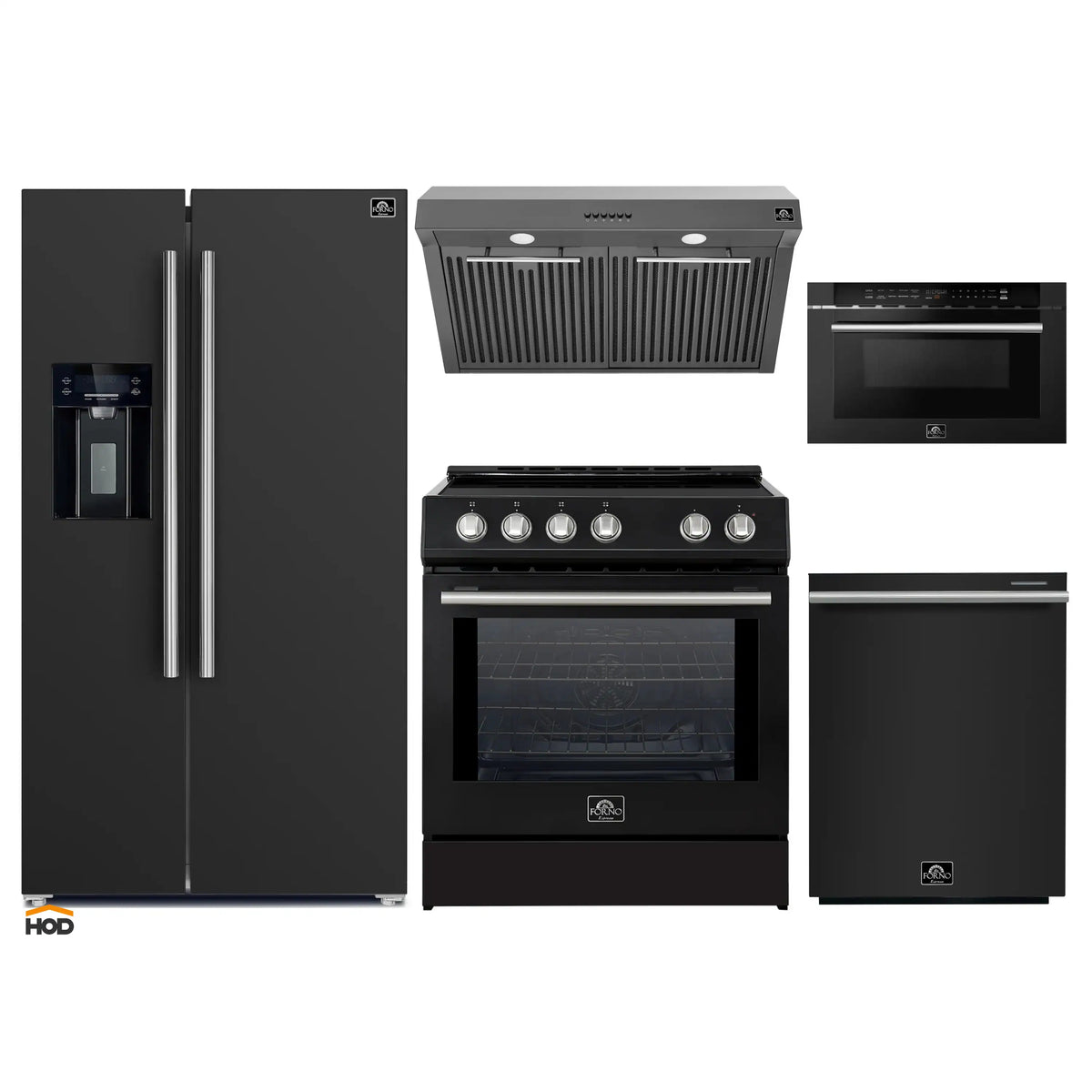 Forno 5-Piece Appliance Package - 30-Inch Induction Range, Under Cabinet Range Hood,  French Door Refrigerator with Water Dispenser, Dishwasher, and  Microwave Drawer in Black with Stainless Steel Trim - APW5-982-30BLK