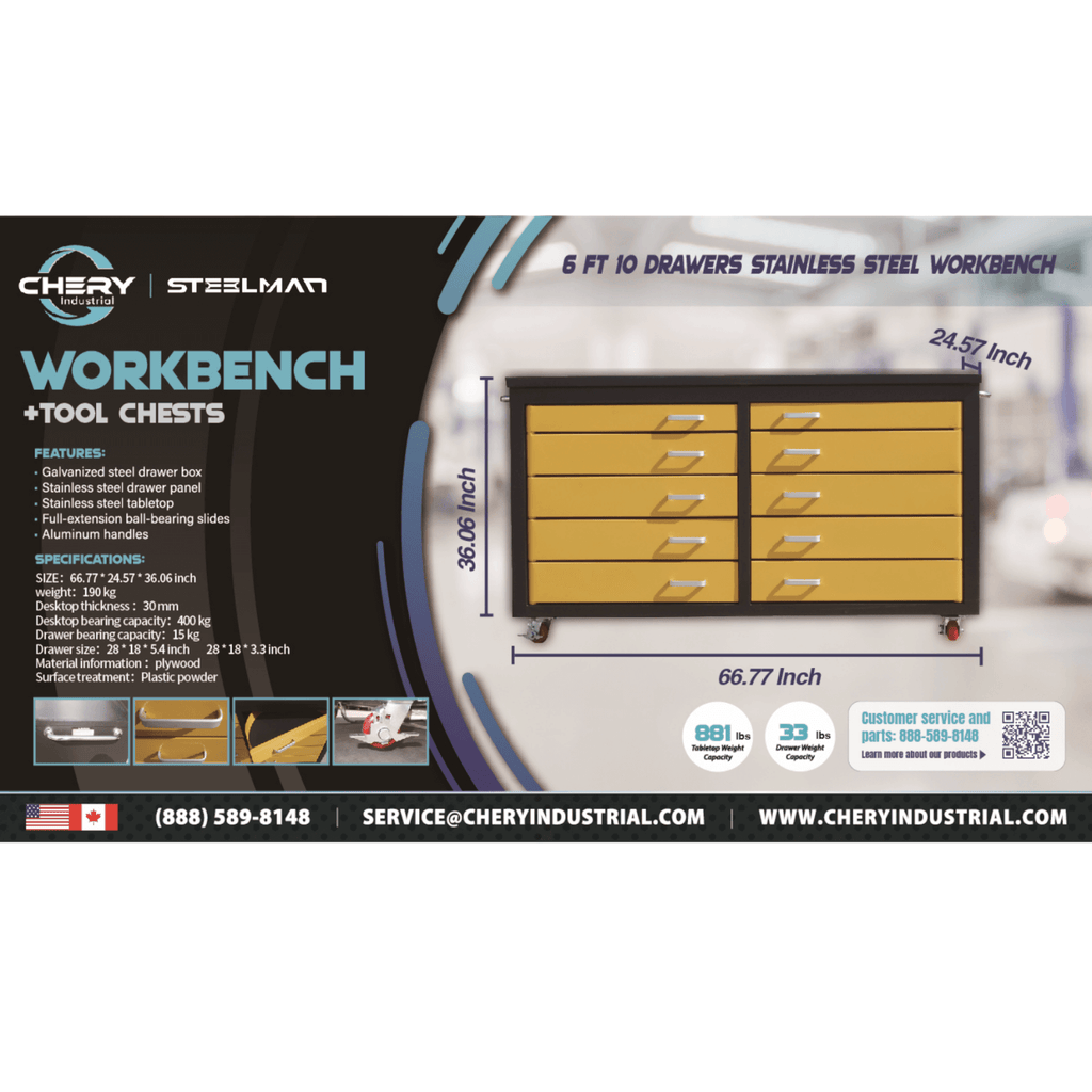 Chery Industrial 6ft Storage Cabinet with Workbench (10 Drawers) D_WW000196