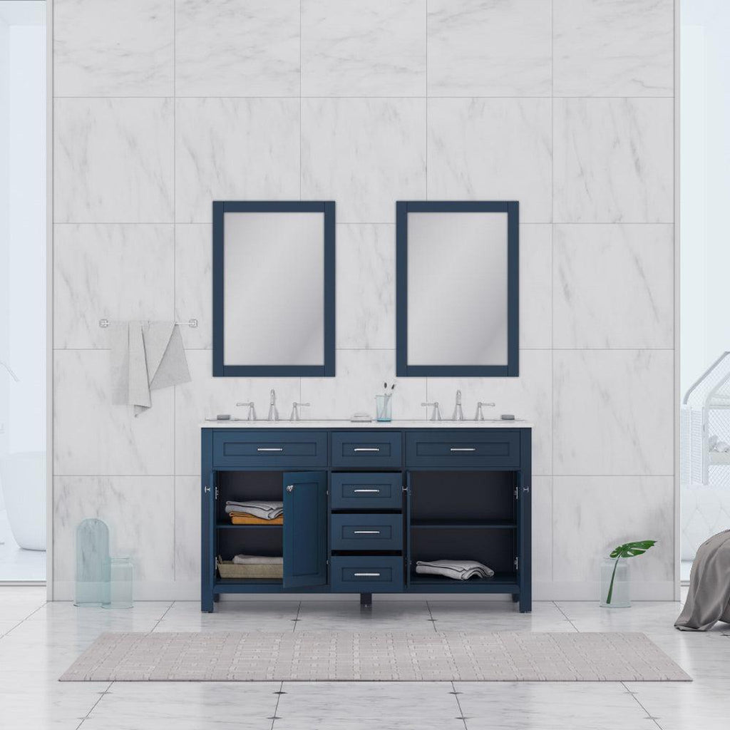 Alya Bath Norwalk 60" Double Blue Freestanding Bathroom Vanity With Carrara Marble Top, Ceramic Sinks and Two Mirrors - HE-101-60D-B-CWMT + 2x HE-101/102-24-B-M