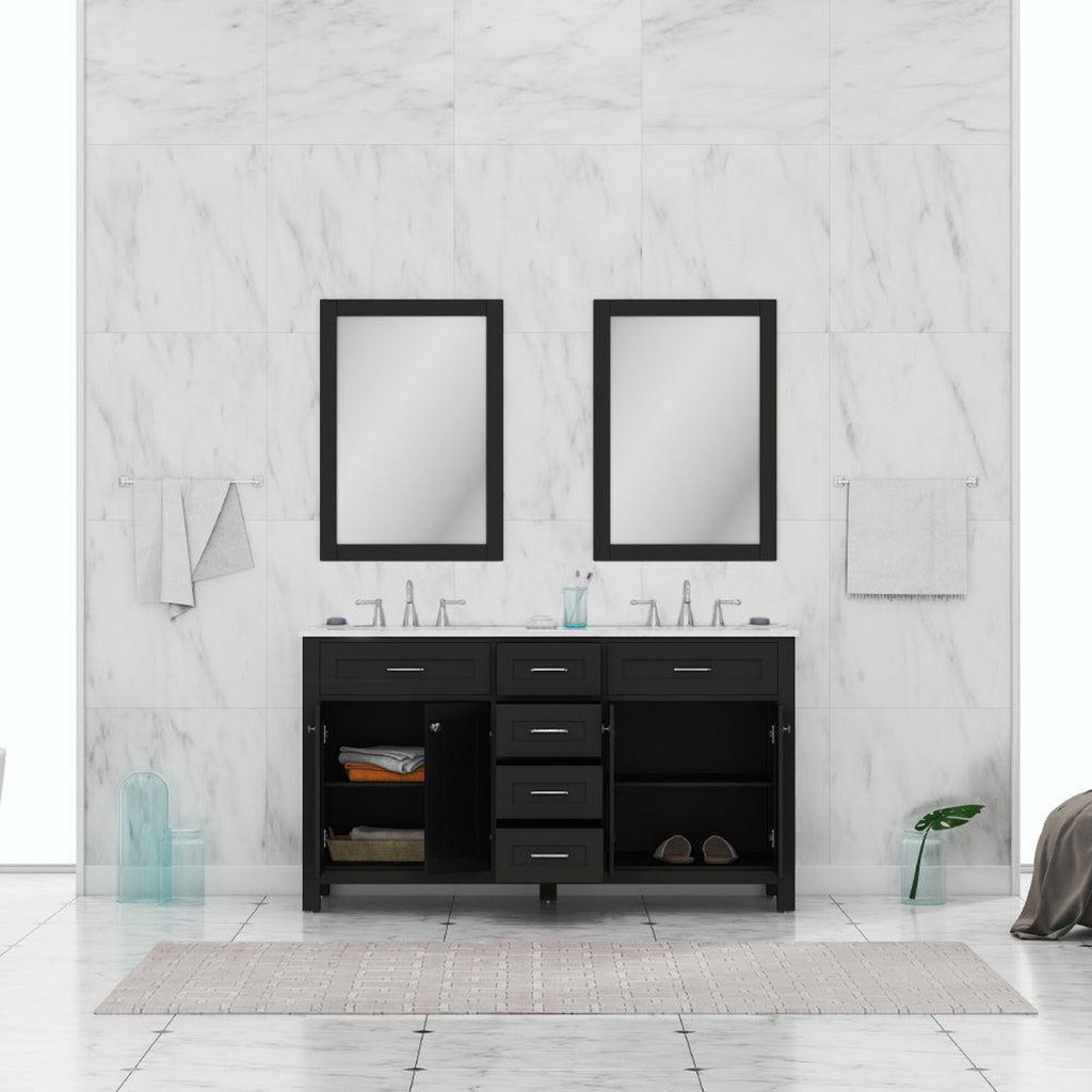 Alya Bath Norwalk 60" Double Espresso Freestanding  Bathroom Vanity With Carrara Marble Top, Ceramic Sinks and Two Mirrors