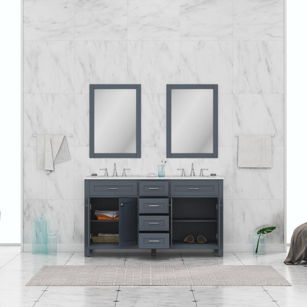 Alya Bath Norwalk 60" Double Gray Freestanding  Bathroom Vanity With Carrara Marble Top, Ceramic Sinks and Two Mirrors - HE-101-60D-G-CWMT + 2x HE-101/102-24-G-M