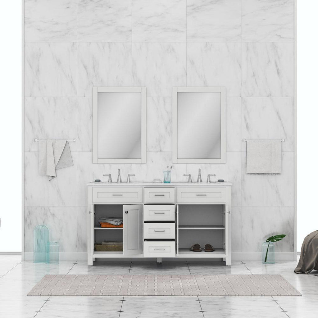Alya Bath Norwalk 60" Double White Freestanding  Bathroom Vanity With Carrara Marble Top, Ceramic Sink and Two Mirrors - HE-101-60D-W-CWMT + 2x HE-101/102-24-W-M
