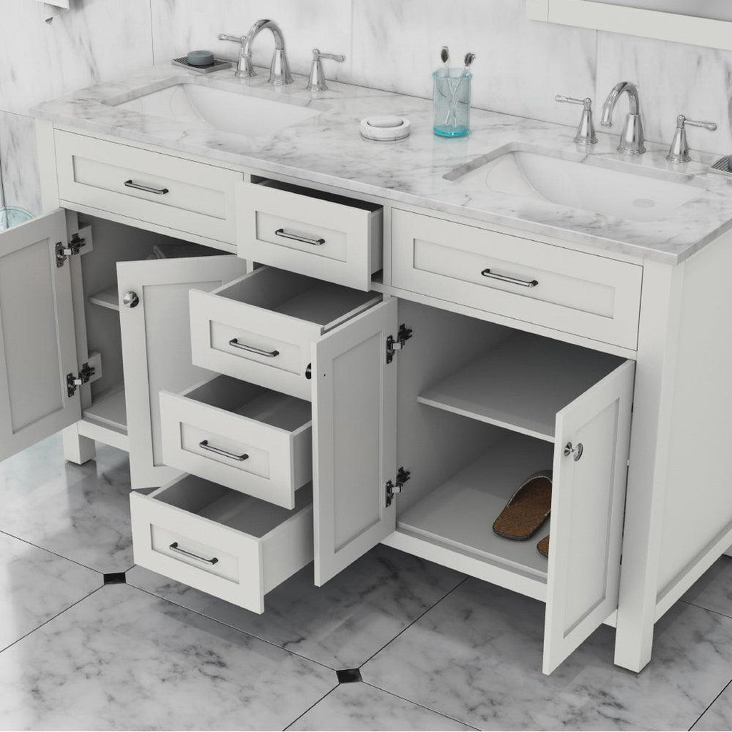 Alya Bath Norwalk 60" Double White Freestanding  Bathroom Vanity With Carrara Marble Top, Ceramic Sink and Two Mirrors - HE-101-60D-W-CWMT + 2x HE-101/102-24-W-M