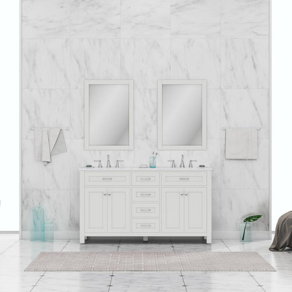 Alya Bath Norwalk 60" Double White Freestanding  Bathroom Vanity With Carrara Marble Top, Ceramic Sink and Two Mirrors - HE-101-60D-W-CWMT + 2x HE-101/102-24-W-M