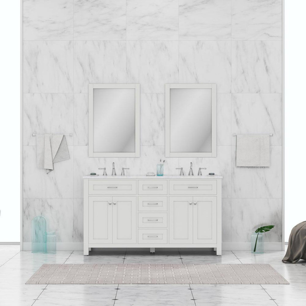Alya Bath Norwalk 60" Double White Freestanding  Bathroom Vanity With Carrara Marble Top, Ceramic Sink and Two Mirrors - HE-101-60D-W-CWMT + 2x HE-101/102-24-W-M