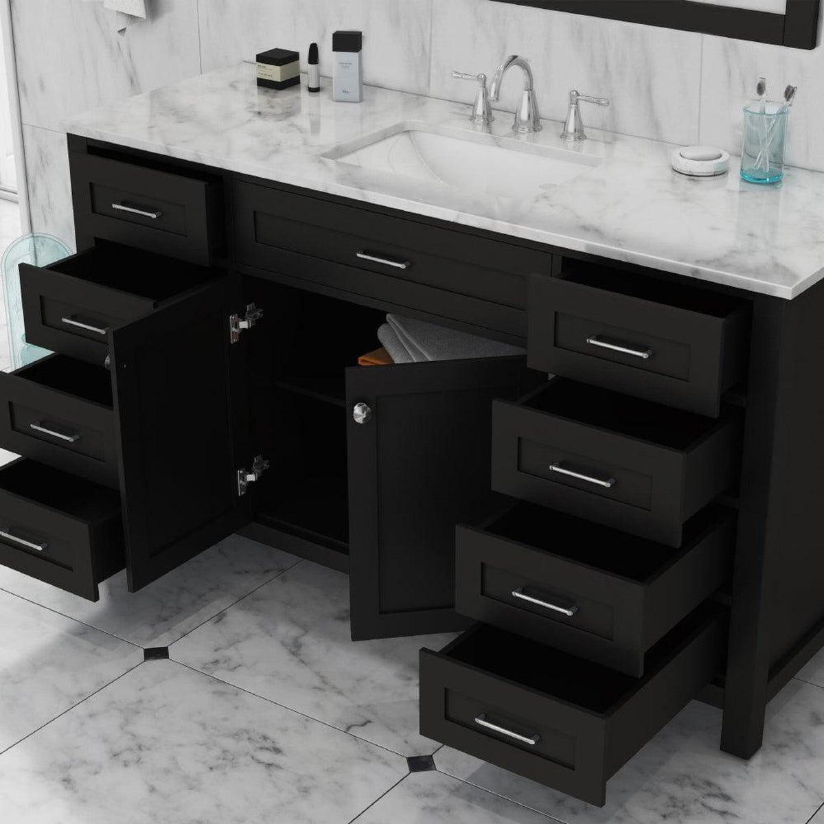 Alya Bath Norwalk 60" Single Espresso Freestanding  Bathroom Vanity With Carrara Marble Top, Ceramic Sink and Wall Mounted Mirror - HE-101-60S-E-CWMT + AT-48-M-B
