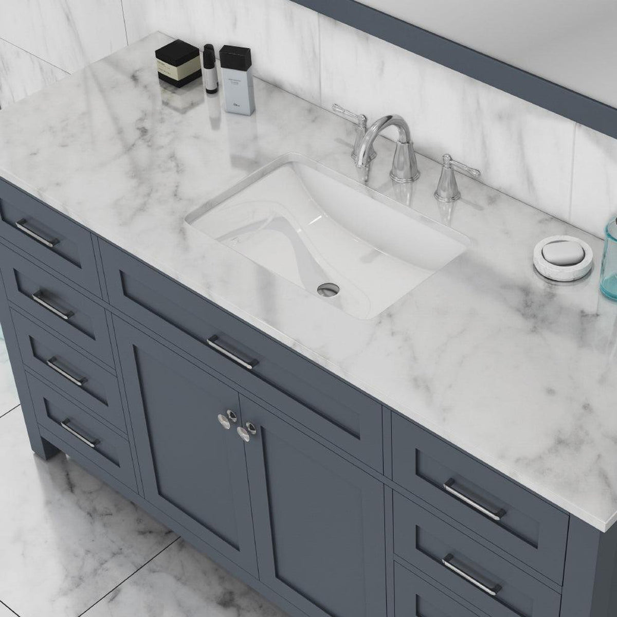 Alya Bath Norwalk 60" Single Gray Freestanding  Bathroom Vanity With Carrara Marble Top, Ceramic Sink and Wall Mounted Mirror - HE-101-60S-G-CWMT + AT-48-M-G