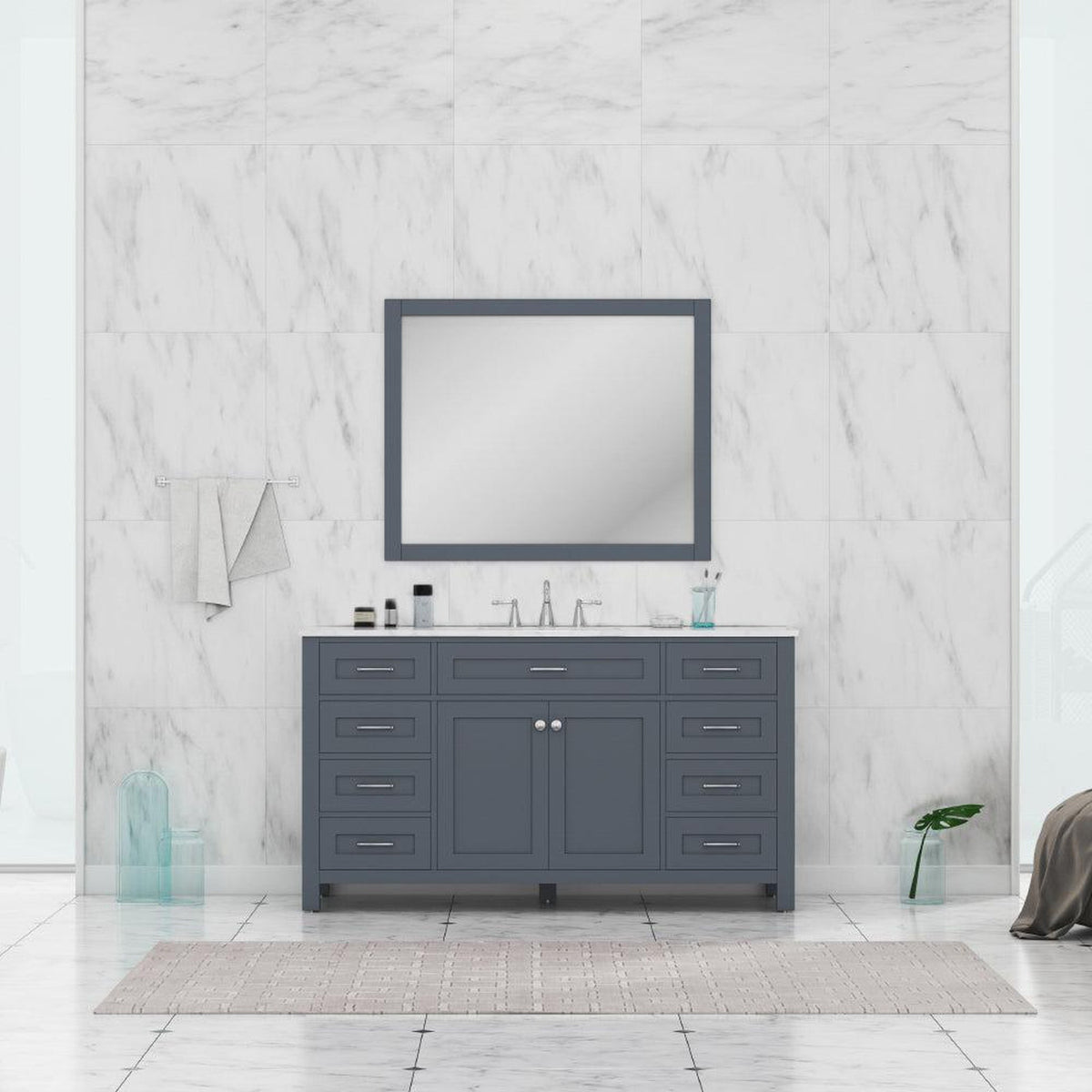 Alya Bath Norwalk 60" Single Gray Freestanding  Bathroom Vanity With Carrara Marble Top, Ceramic Sink and Wall Mounted Mirror - HE-101-60S-G-CWMT + AT-48-M-G