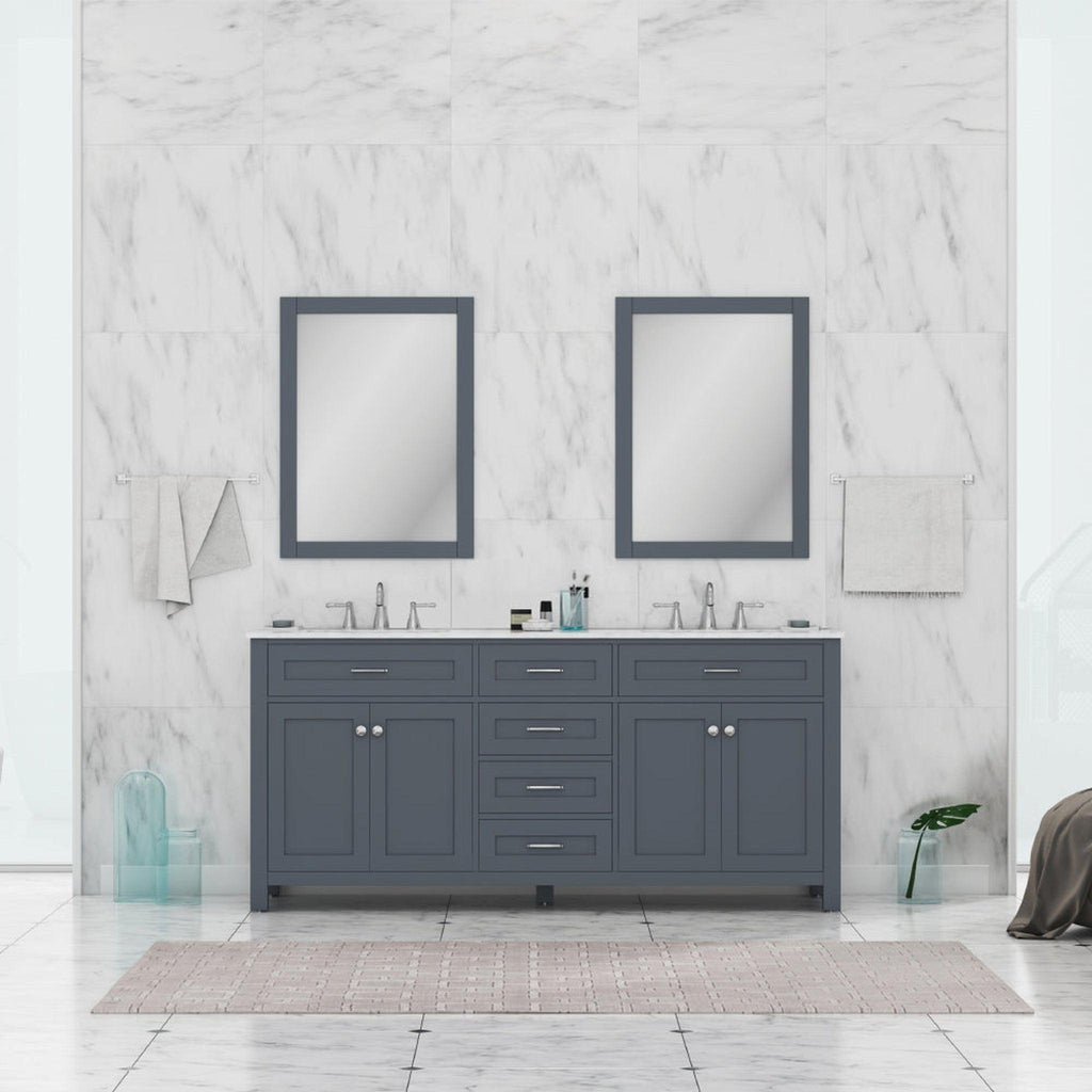 Alya Bath Norwalk 72" Double Gray Freestanding Bathroom Vanity With Carrara Marble Top, Ceramic Sink and Two Mirrors - HE-101-72D-G-CWMT + 2x HE-101/102-30-G-M