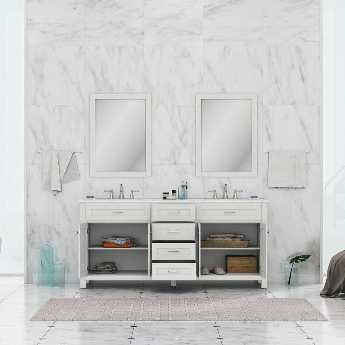 Alya Bath Norwalk 72" Double White Freestanding  Bathroom Vanity With Carrara Marble Top,  - HE-101-72D-W-CWMT + 2x HE-101/102-30-W-MCeramic Sink and Two Mirrors