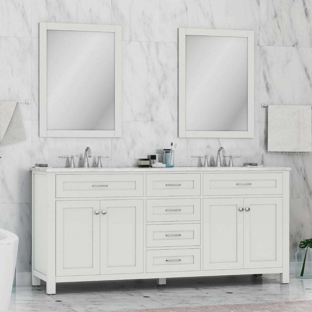 Alya Bath Norwalk 72" Double White Freestanding  Bathroom Vanity With Carrara Marble Top,  - HE-101-72D-W-CWMT + 2x HE-101/102-30-W-MCeramic Sink and Two Mirrors