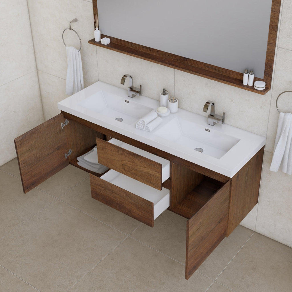 Alya Bath Paterno 60" Double Rosewood Modern Wall Mounted  Bathroom Vanity With Acrylic Top and Integrated Sink - AB-MOF60D-RW