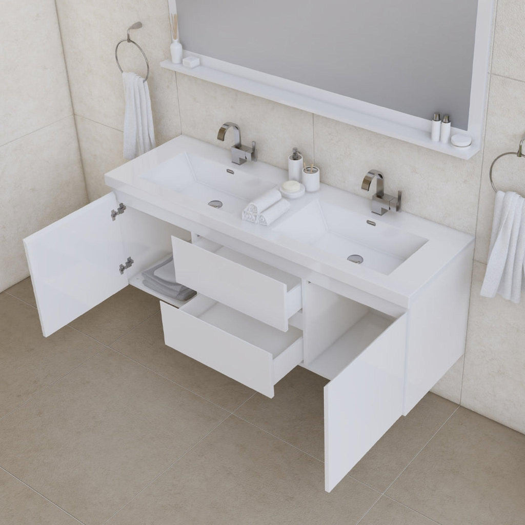 Alya Bath Paterno 60" Double White Modern Wall Mounted  Bathroom Vanity With Acrylic Top and Integrated Sink - AB-MOF60D-W