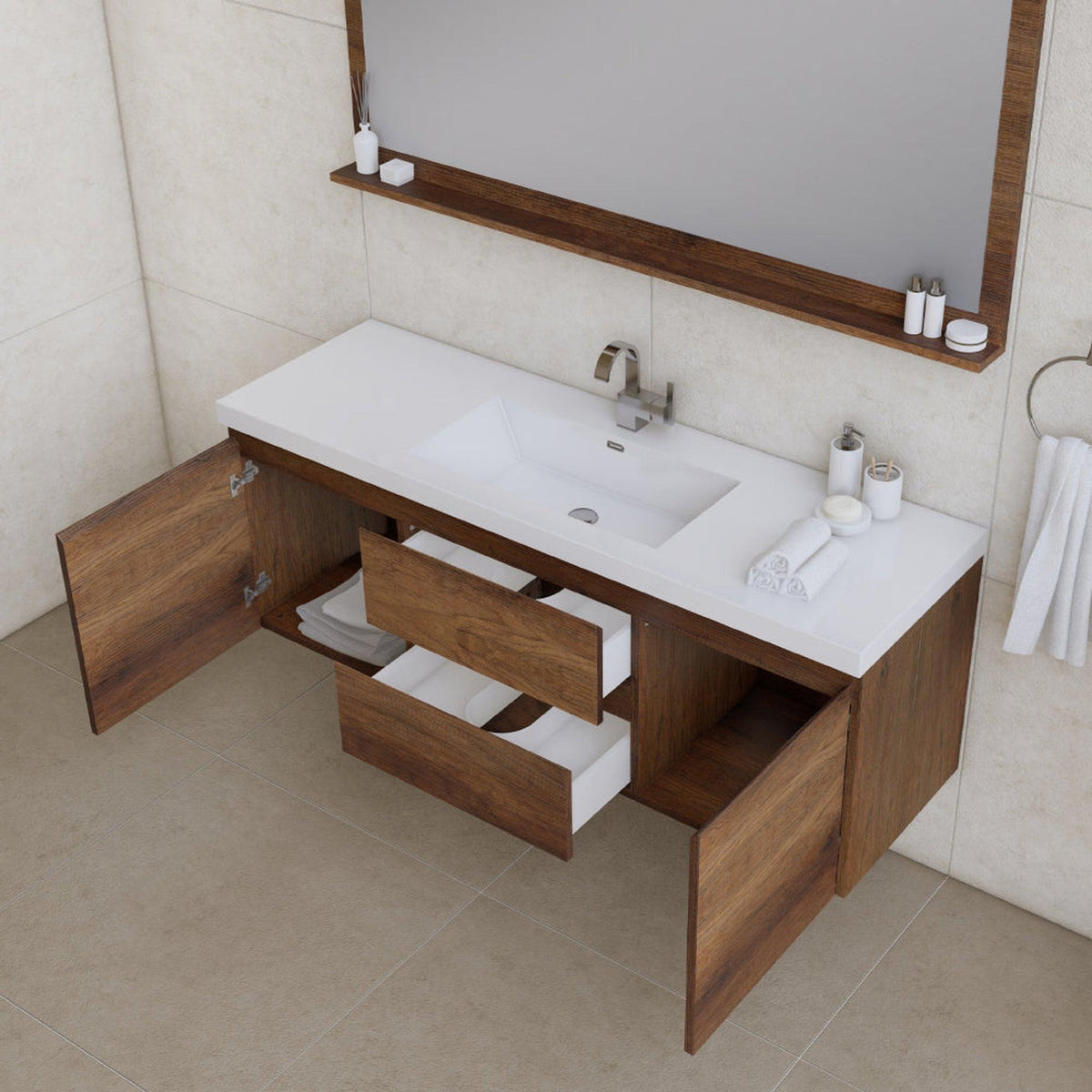 Alya Bath Paterno 60" Single Rosewood Modern Wall Mounted  Bathroom Vanity With Acrylic Top and Integrated Sink - AB-MOF60S-RW
