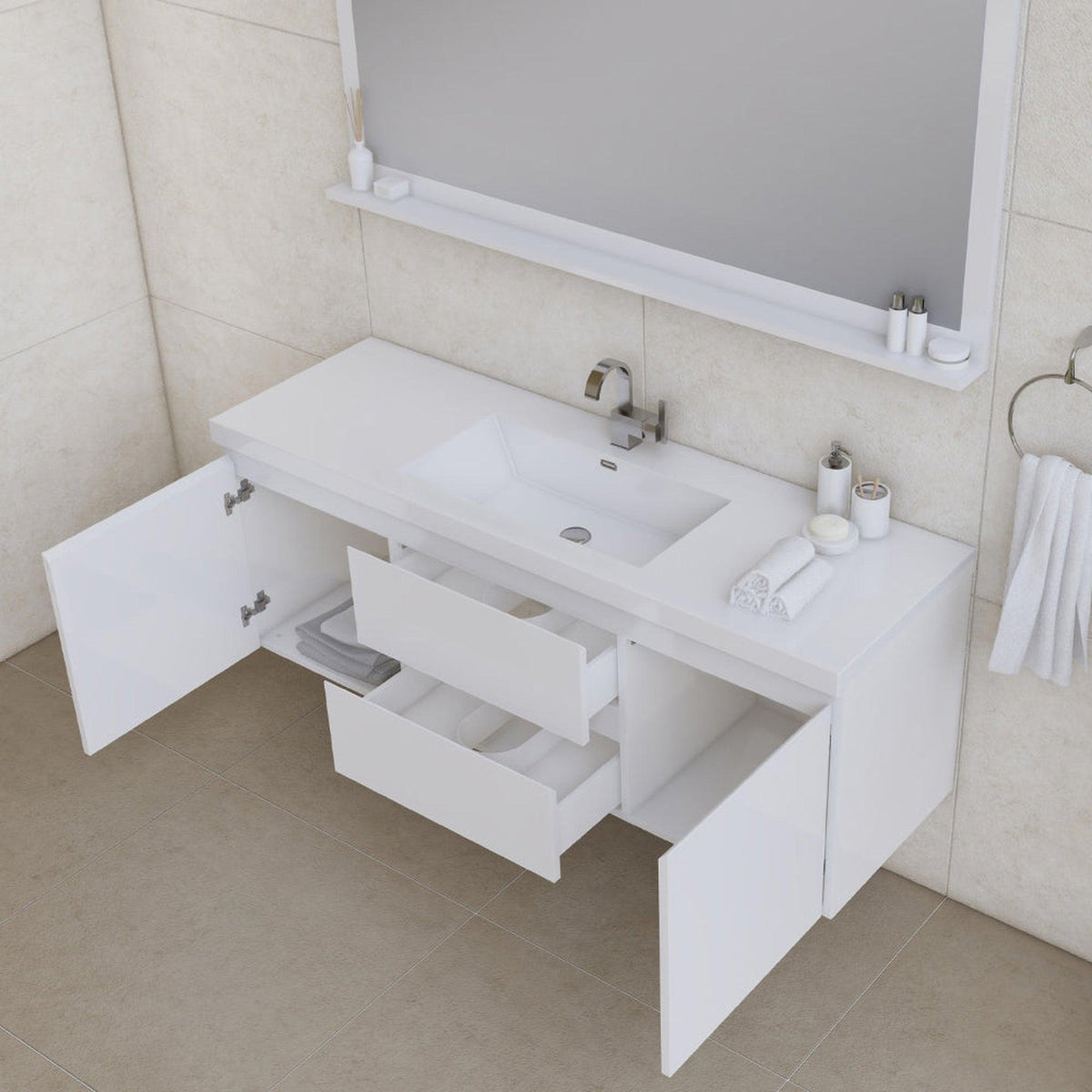 Alya Bath Paterno 60" Single White Modern Wall Mounted Bathroom Vanity With Acrylic Top and Integrated Sink - AB-MOF60S-W