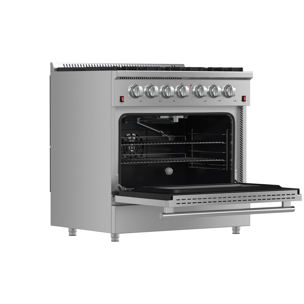 Forno 5-Piece Appliance Package - 36-Inch Gas Range, Wall Mount Range Hood, 60-Inch Refrigerator, Dishwasher, and 30-Inch Microwave Drawer in Stainless Steel - AP5-6244-36-5095-60S-30MD