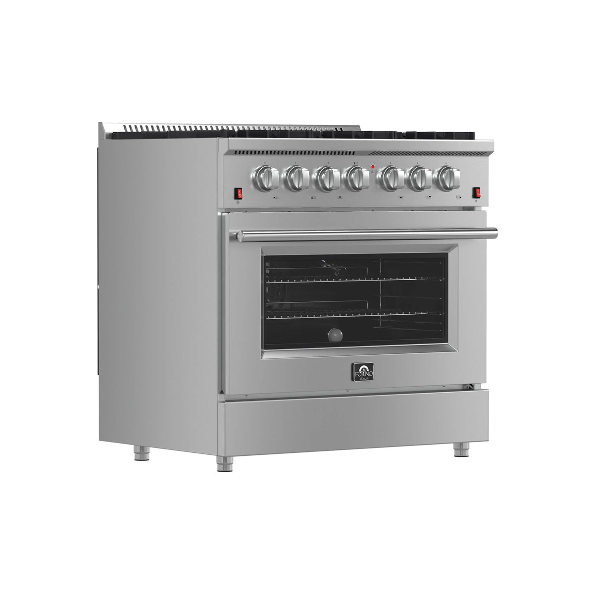 Forno 5-Piece Appliance Package - 36-Inch Gas Range, Wall Mount Range Hood, 36-Inch Refrigerator, Dishwasher, and 30-Inch Microwave Oven in Stainless Steel - AP5-6244-36-5095-30MO