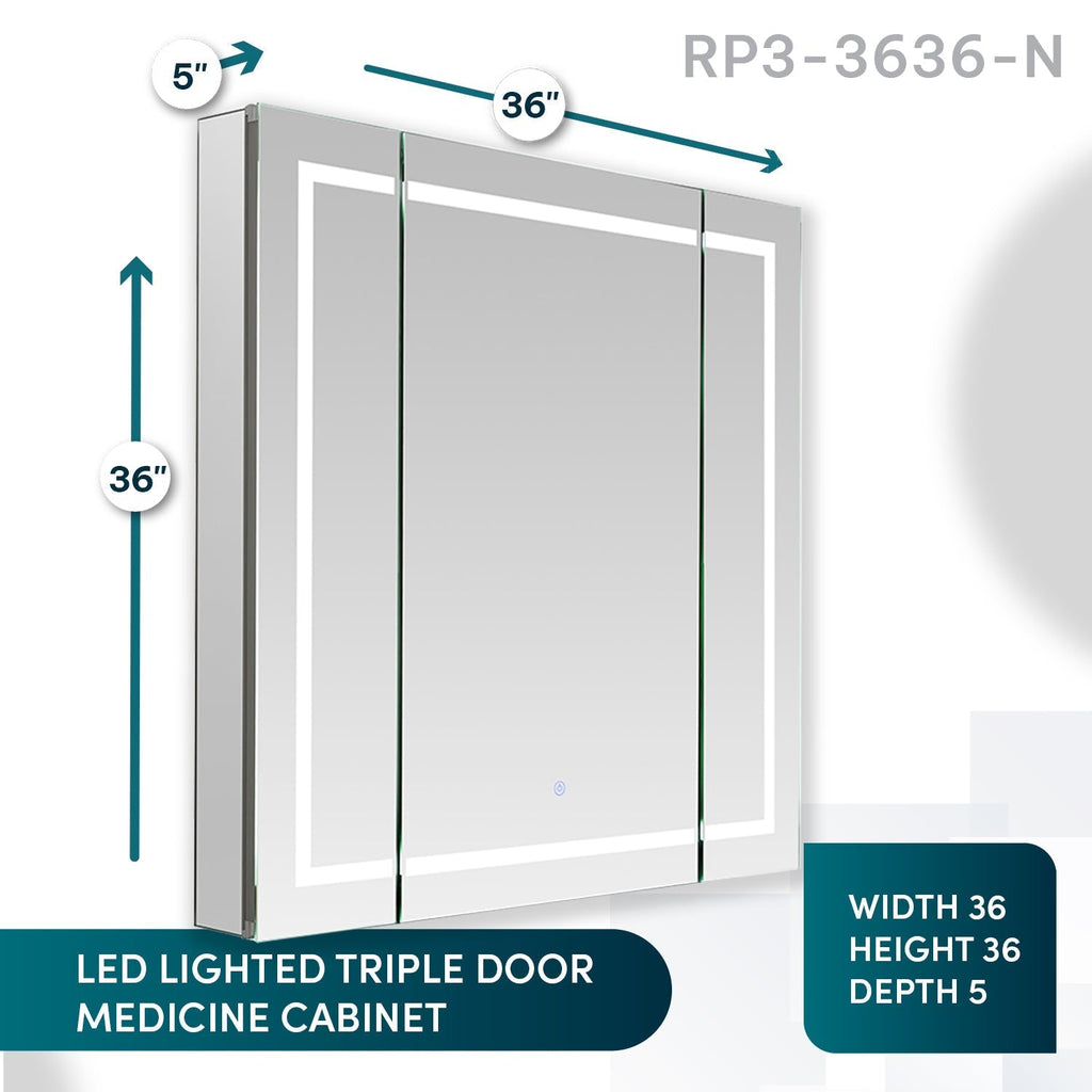 Aquadom Royale Plus 36" x 36" Triple-Door LED Lighted Medicine Cabinet With Defogger, Integrated LED 3X Magnifying Mirror and Electrical Outlet With USB - RP3-3636-N