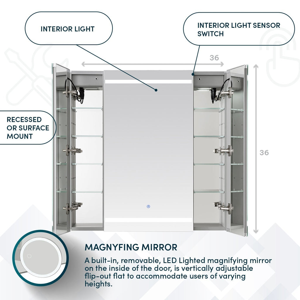 Aquadom Royale Plus 36" x 36" Triple-Door LED Lighted Medicine Cabinet With Defogger, Integrated LED 3X Magnifying Mirror and Electrical Outlet With USB - RP3-3636-N
