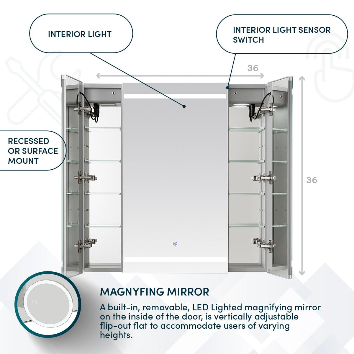 Aquadom Royale Plus 36" x 36" Triple-Door LED Lighted Medicine Cabinet With Defogger, Integrated LED 3X Magnifying Mirror and Electrical Outlet With USB - RP3-3636-N