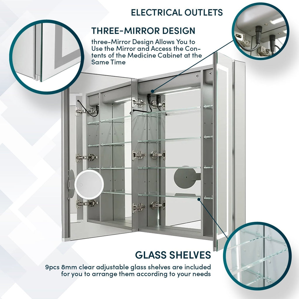Aquadom Royale Plus 40" x 36" Triple-Door LED Lighted Medicine Cabinet With Defogger, Integrated LED 3X Magnifying Mirror and Electrical Outlet With USB - RP3-4036-N