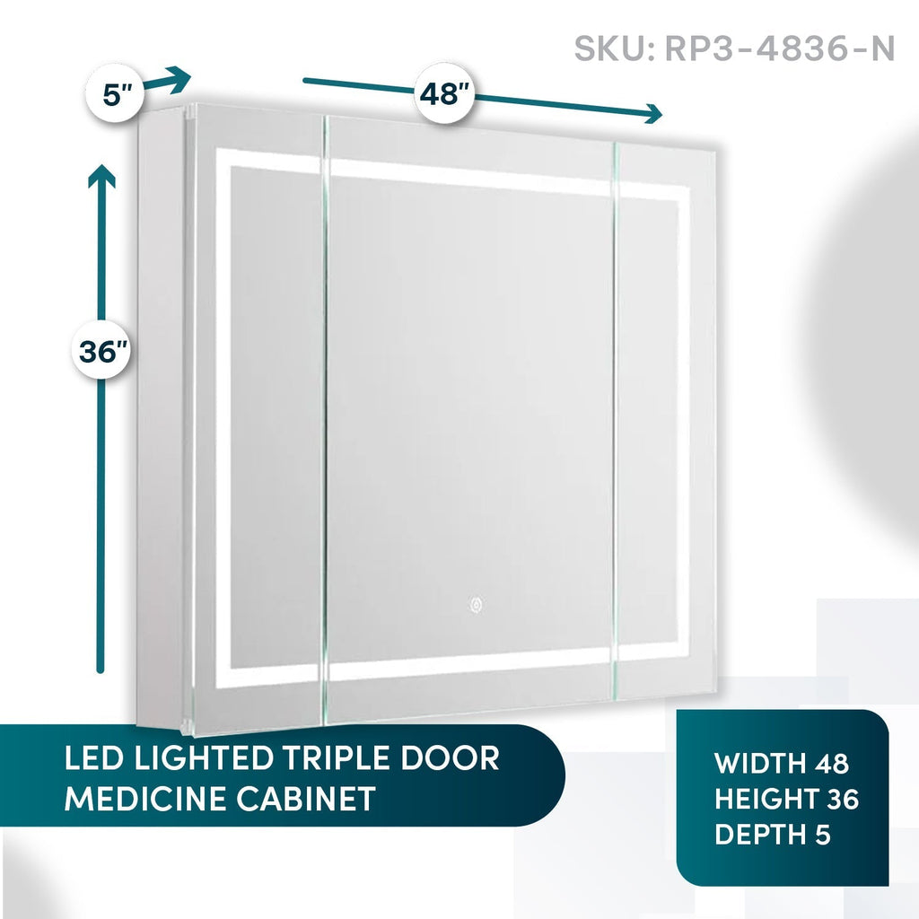 Aquadom Royale Plus 48" x 36" Triple-Door LED Lighted Medicine Cabinet With Defogger, Integrated LED 3X Magnifying Mirror and Electrical Outlet With USB - RP3-4836-N