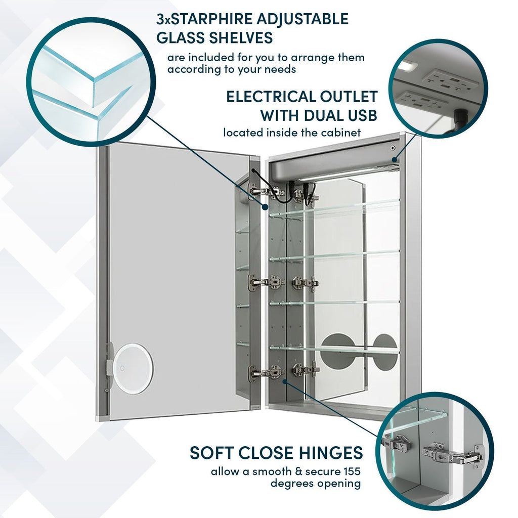 Aquadom Signature Royale 24" x 36" Rectangle Left Hinged Medicine Cabinet With Lighting, Defogger, Integrated LED 3X Magnifying Mirror And Electrical Outlet with USB - SR-2436L-N