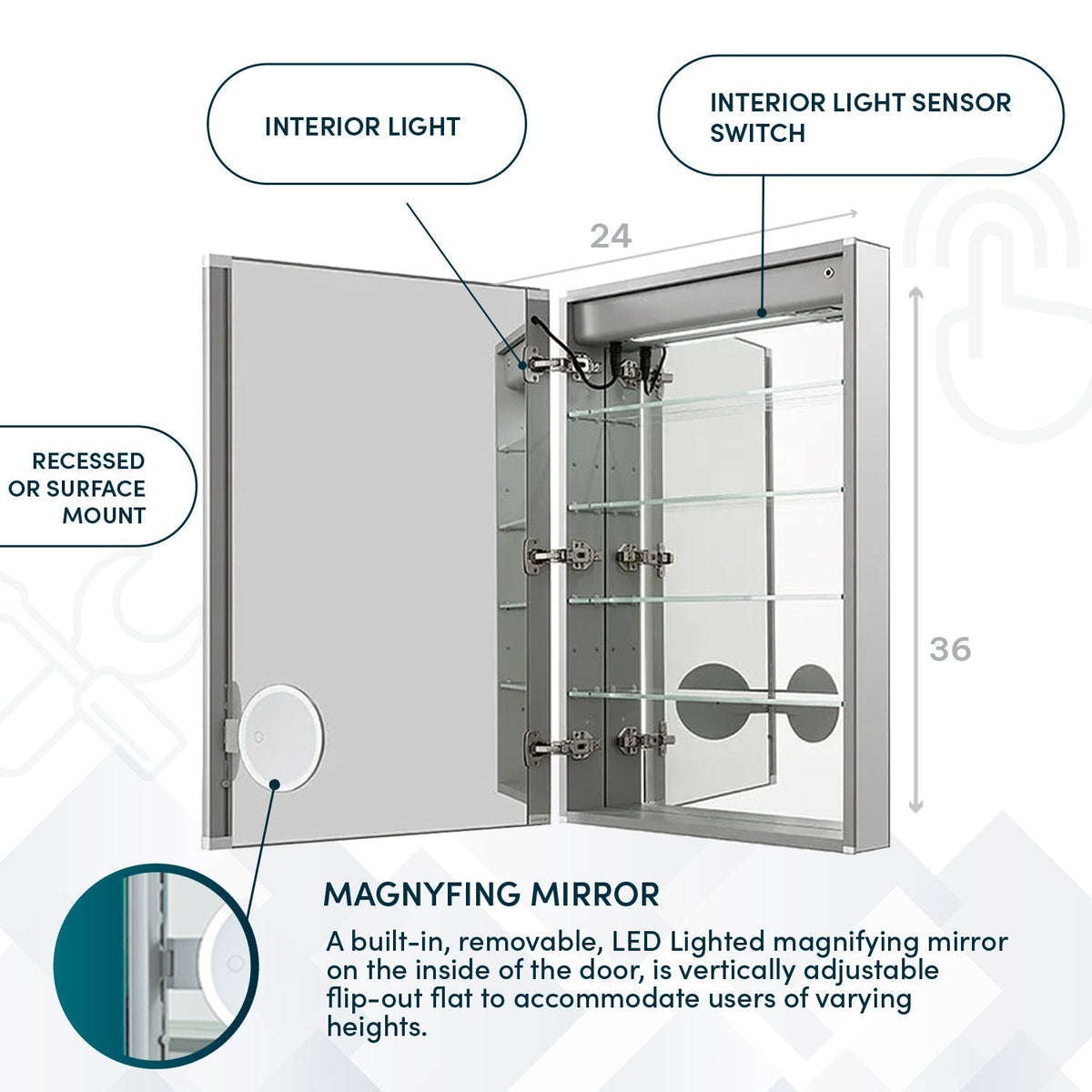 Aquadom Signature Royale 24" x 36" Rectangle Left Hinged Medicine Cabinet With Lighting, Defogger, Integrated LED 3X Magnifying Mirror And Electrical Outlet with USB - SR-2436L-N