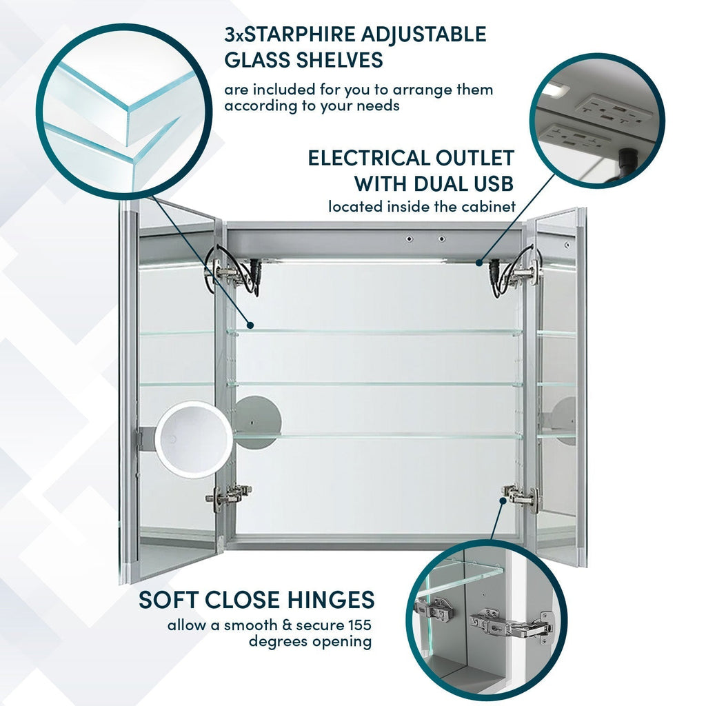 Aquadom Signature Royale 36" x 36" Double-Door LED Lighted Medicine Cabinet With Defogger, Integrated LED 3X Magnifying Mirror and Electrical Outlet With USB - SR-3636-N