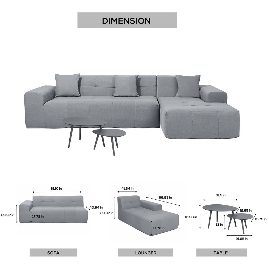 Deko Living 3 Piece Gray Compressed Foam Sectional Sofa Lounger and Table Set  - CIF50018