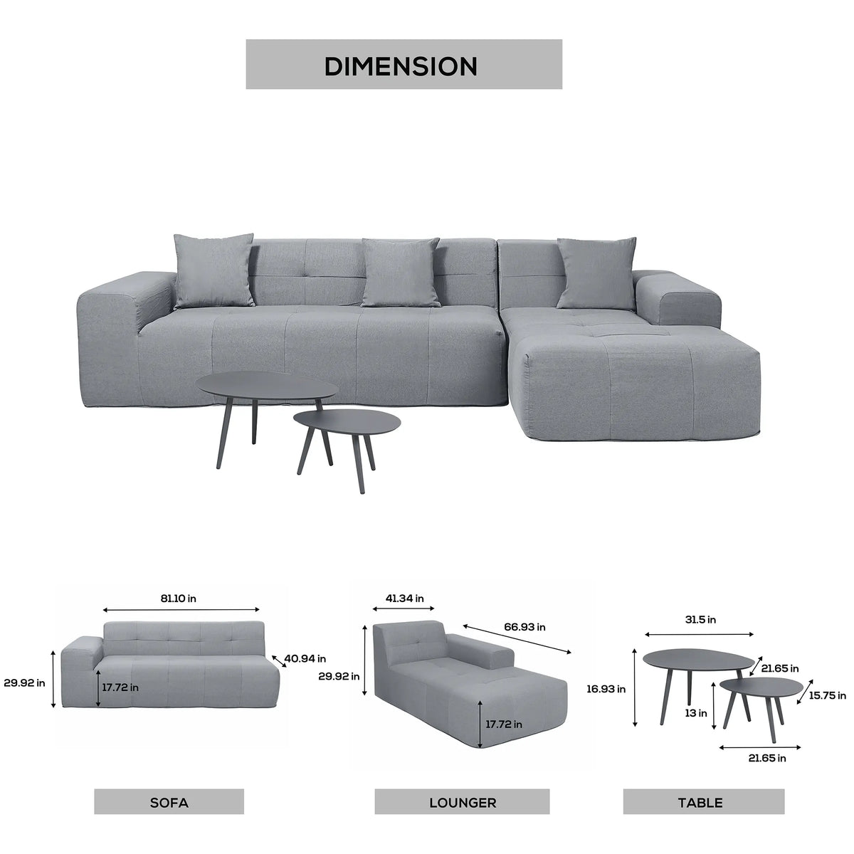 Deko Living 3 Piece Gray Compressed Foam Sectional Sofa Lounger and Table Set  - CIF50018