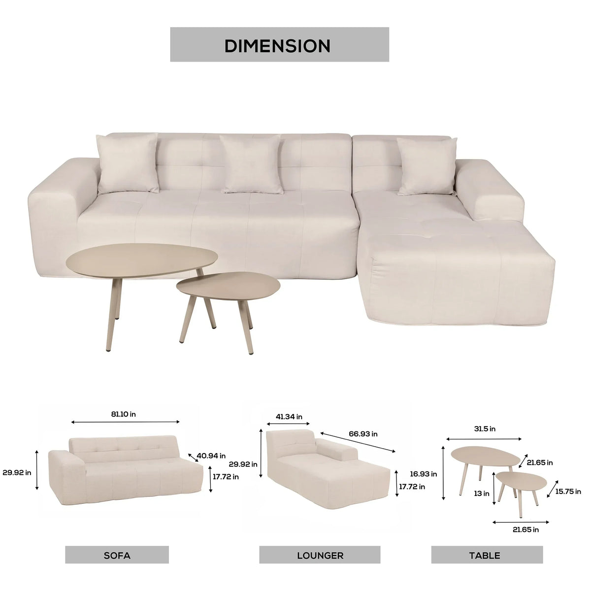 Deko Living 3 Piece Beige Compressed Foam Sectional Sofa Lounger and Table Set  - CIF50218
