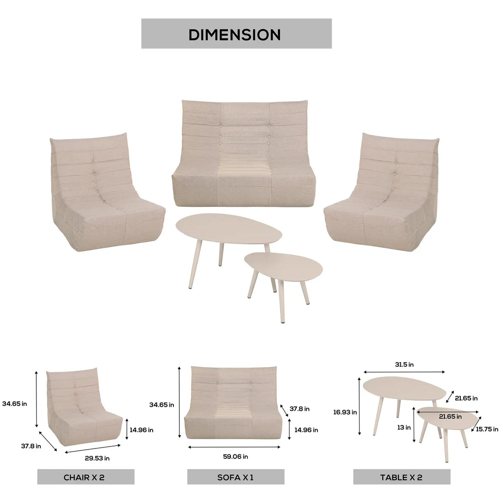 Deko Living 5 Piece Beige Compressed Foam Loveseat Sofa Chairs and Table Set  - CIF50219