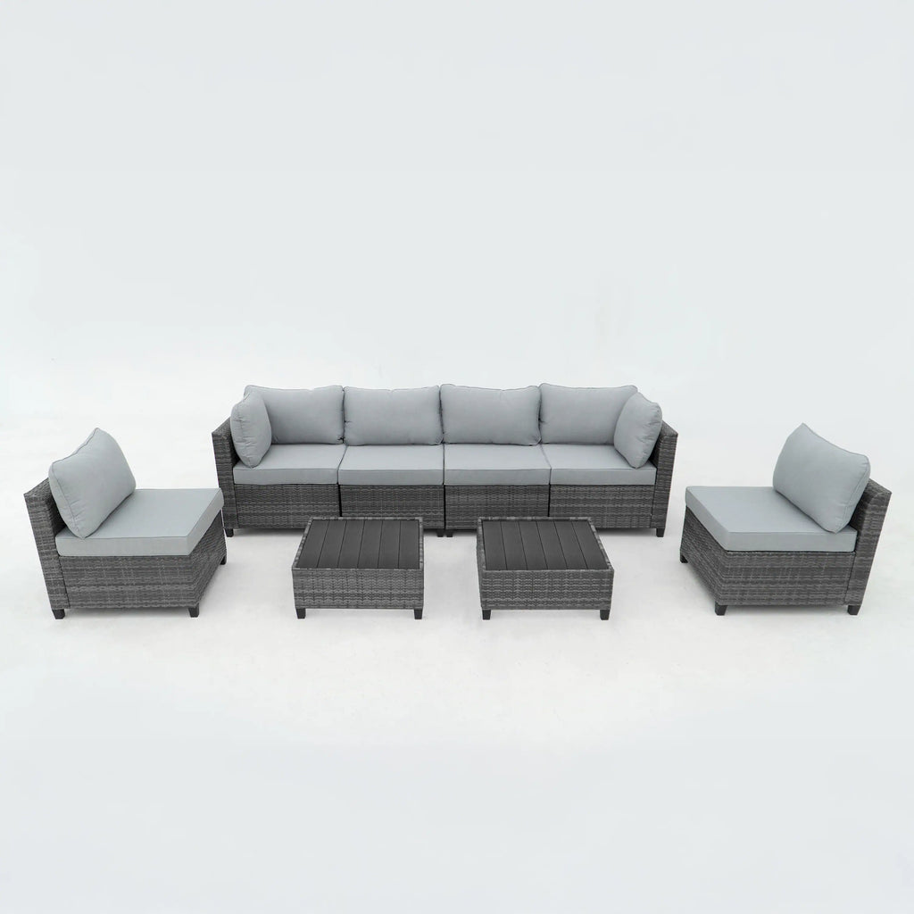 Deko Living 8 Piece Gray Outdoor Sectional Wicker Sofa Chairs and Tables  with Interchangable Blue and Gray Cushion Covers  - COP30111