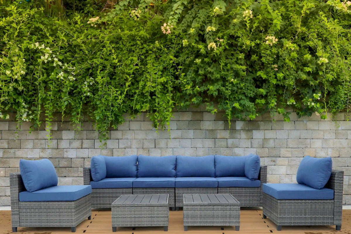 Deko Living 8 Piece Gray Outdoor Sectional Wicker Sofa Chairs and Tables  with Interchangable Blue and Gray Cushion Covers  - COP30111