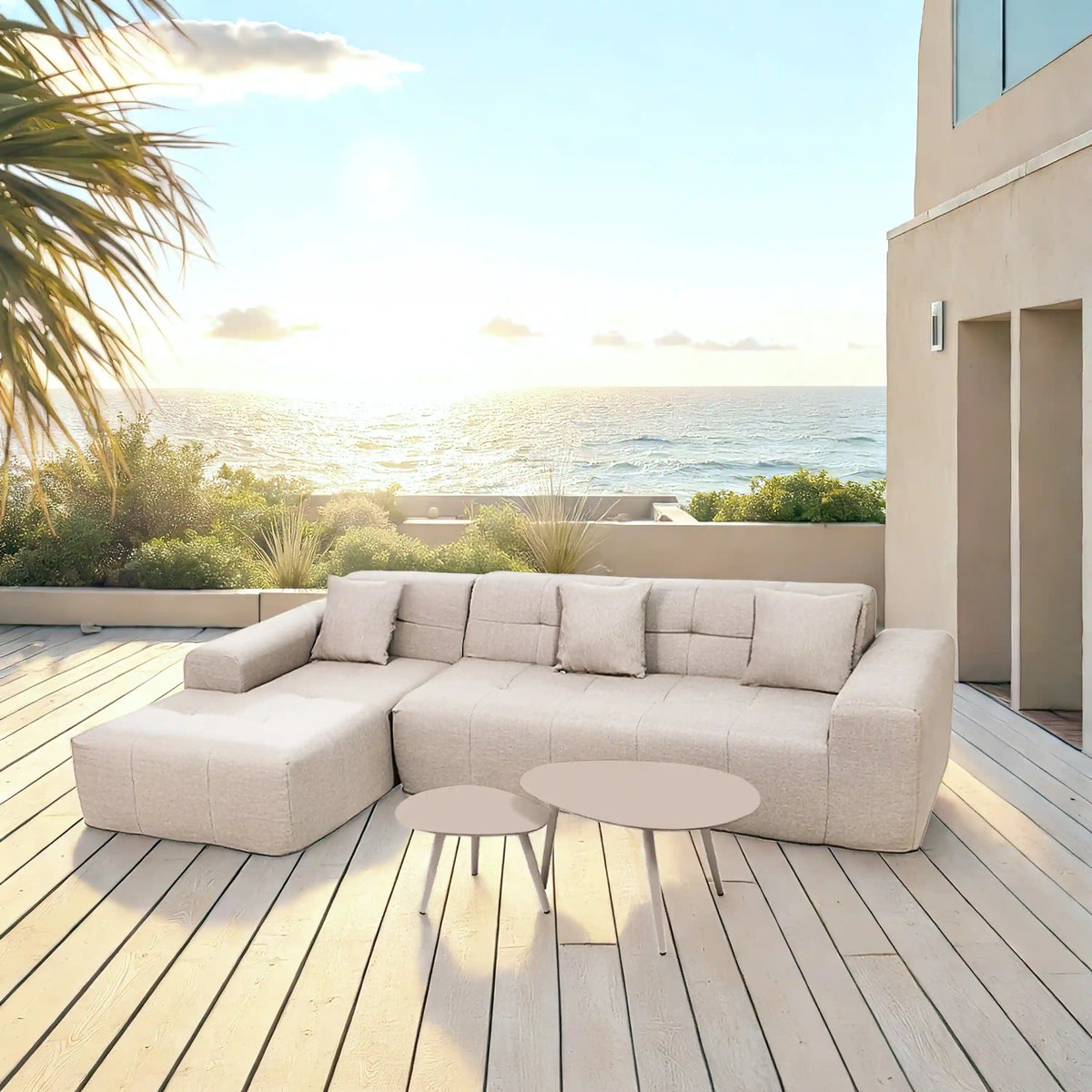 Deko Living 4 Piece Beige Outdoor Compressed Foam Sectional Sofa Lounger and Table Set  - COP30218