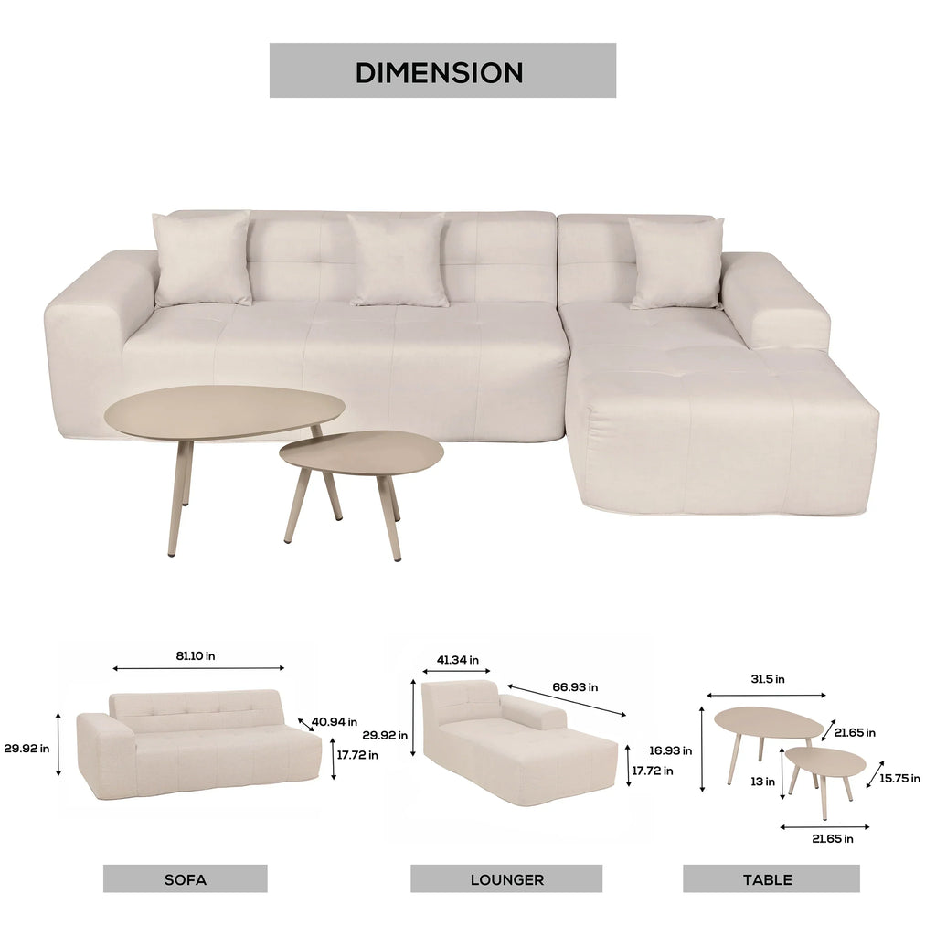 Deko Living 4 Piece Beige Outdoor Compressed Foam Sectional Sofa Lounger and Table Set  - COP30218