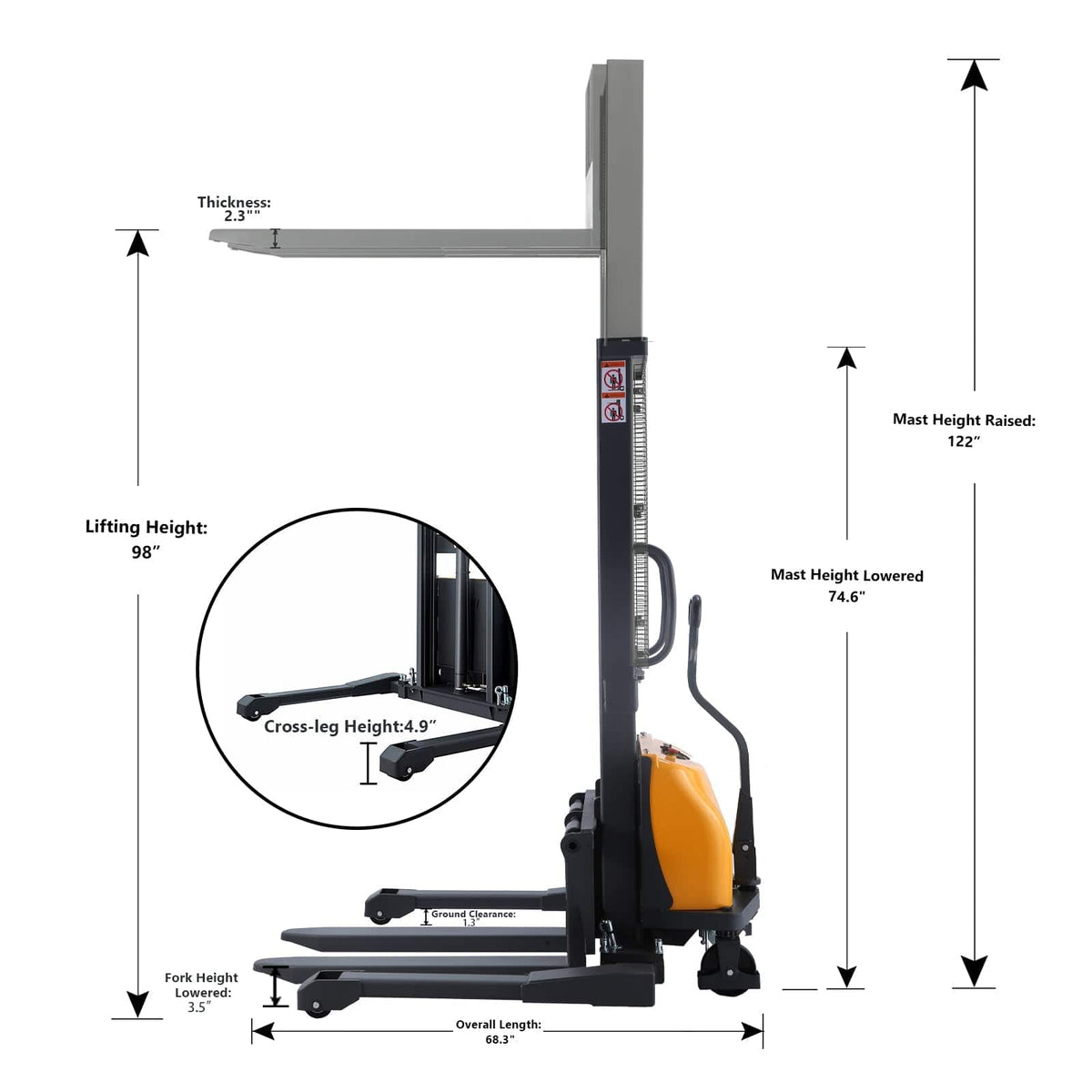 Apollolift Semi-Electric Straddle Stacker  2200Lbs Cap. 98" Lifting
