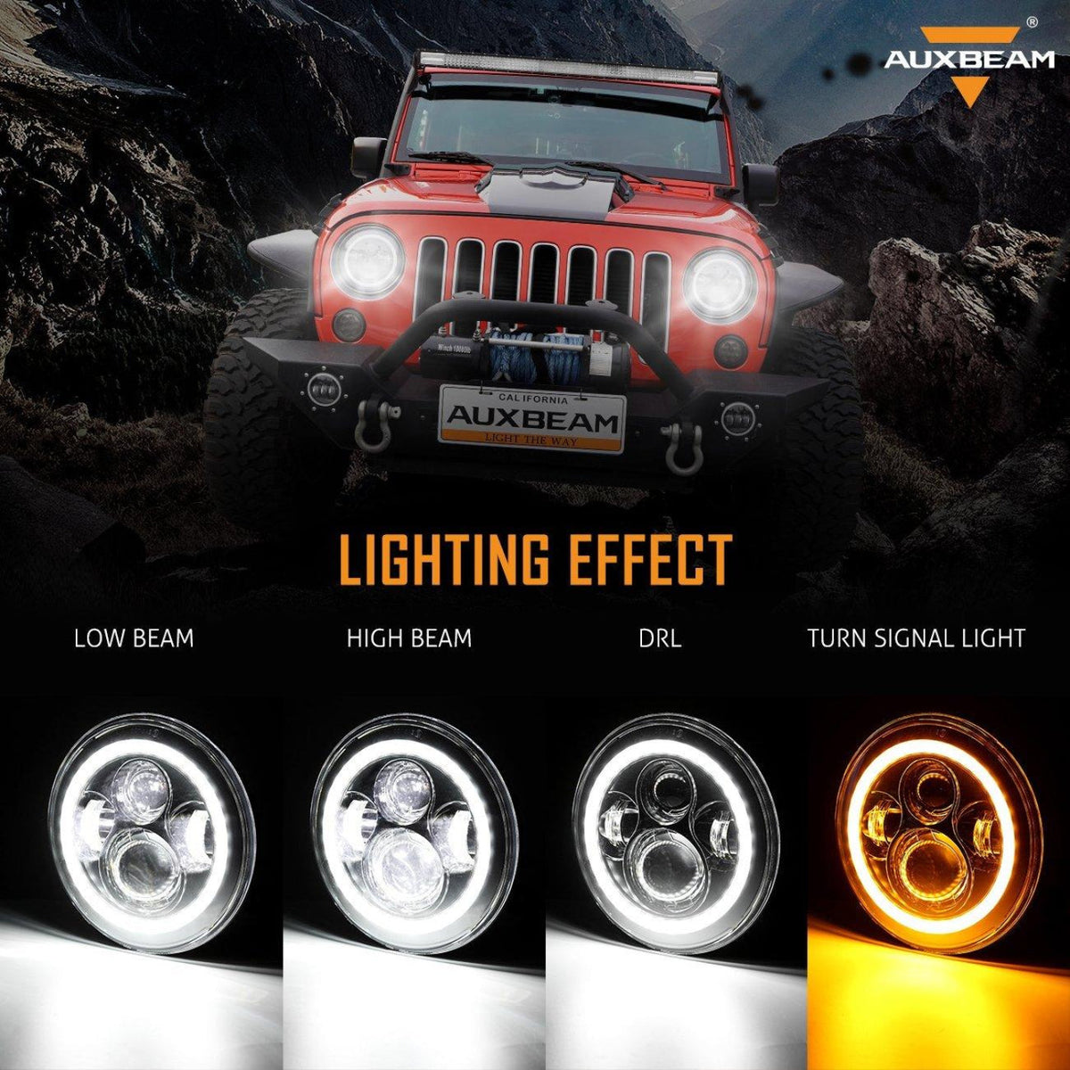 Auxbeam 7" LED Halo Headlights + 4" Inch LED Fog Lights with DRL + 5D-PRO 52" Straight LED Light Bar + Windshield Mounting Brackets + 18W Flood Beam Pod Lights Set for for Jeep Wrangler JK - GP00007761