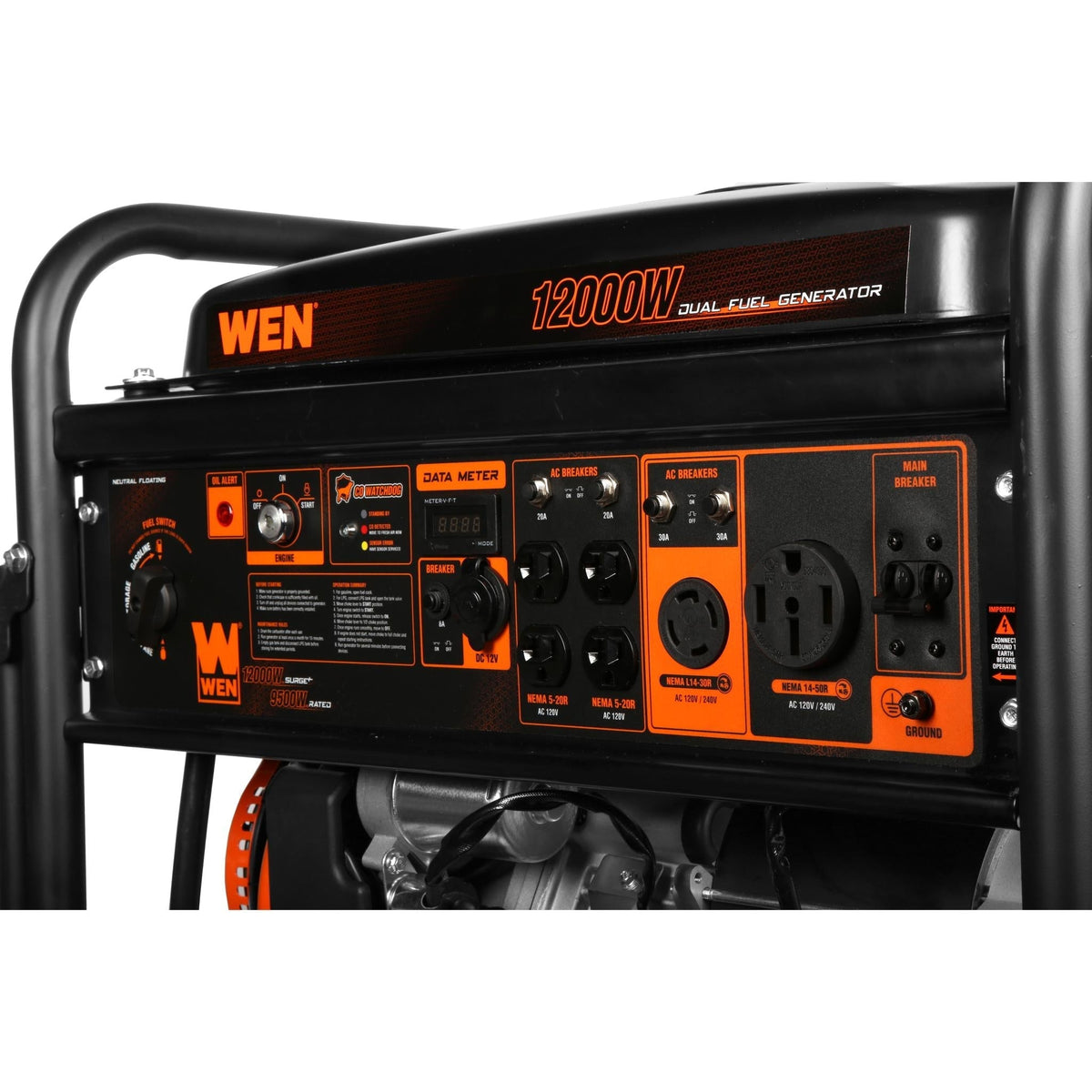 WEN DF1200X 12000-Watt 120-Volt/240-Volt Dual Fuel Transfer-Switch Ready Electric Start Portable Generator with Wheel Kit and CO Shutdown Sensor - DF1200X