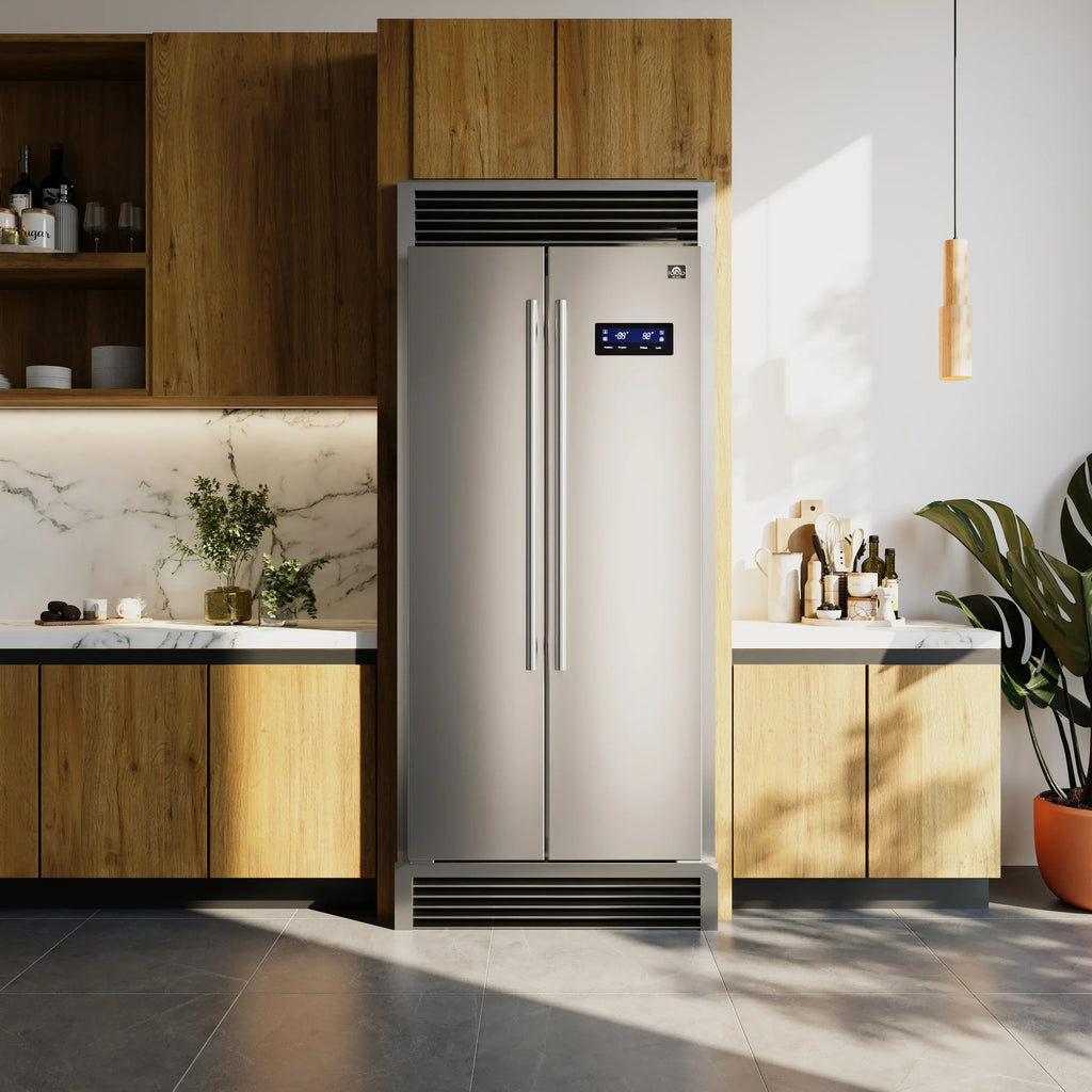 Forno 33-Inch Salerno Side-by-Side Counter Depth Refrigerator 15.6 Cu. Ft. in Stainless Steel with Professional Handle & 4” Decorative Grille  - FFRBI1805-37SG