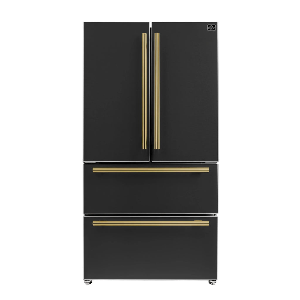 Forno Espresso Moena 36-inch 19.2 Cu.ft French Door Refrigerator in Black with Antique Brass Handle -FFRBI1820-36BLK