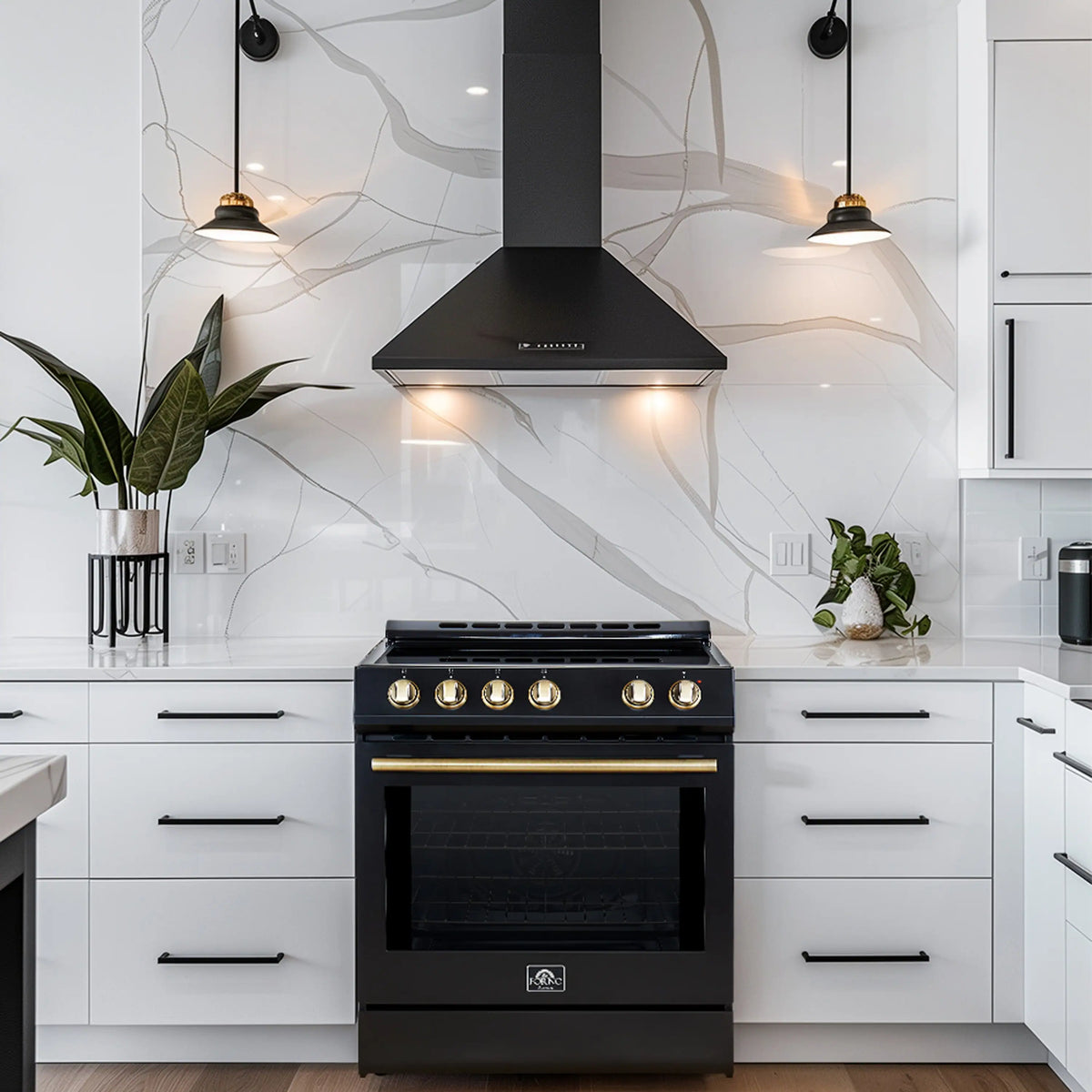 Forno 5-Piece Appliance Package - 30-Inch Electric Range, Under Cabinet Range Hood, French Door Refrigerator, Dishwasher, and 30-Inch Microwave Drawer in Black with Antique Brass Trim - APR5-6012-30BLK-MWD30