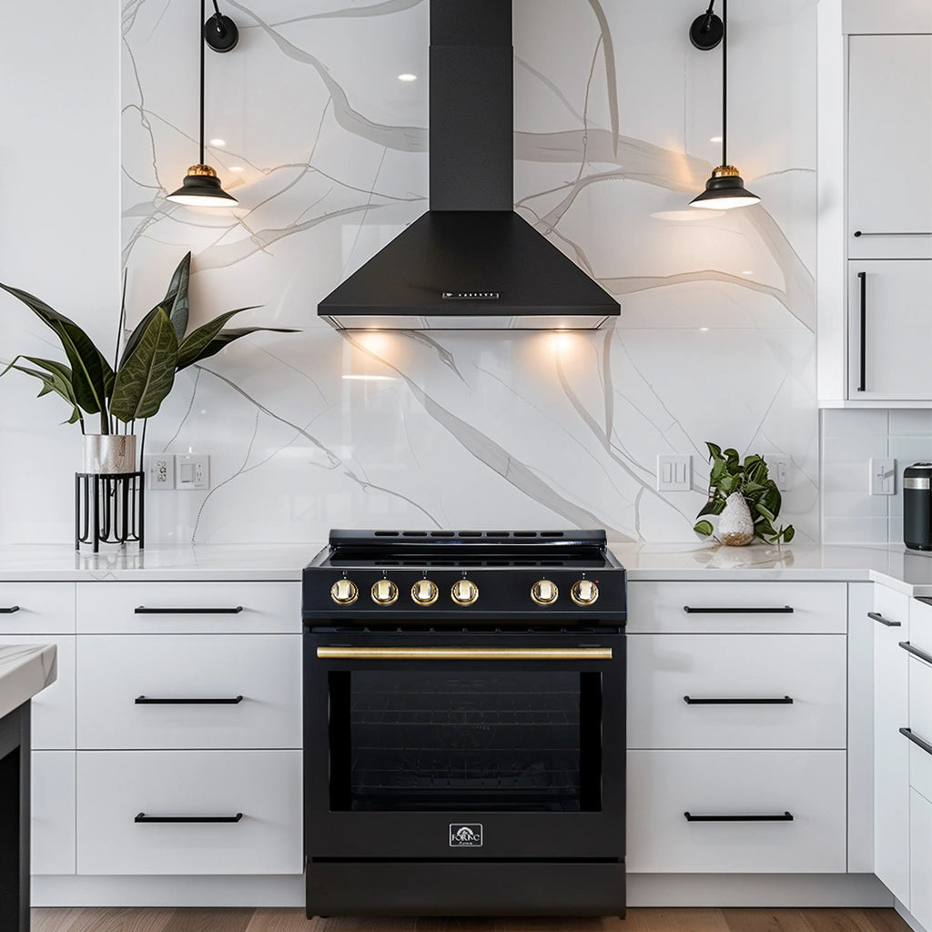Forno 5-Piece Appliance Package - 30-Inch Electric Range, Under Cabinet Range Hood, French Door Refrigerator, Dishwasher , & Microwave Drawer in Black with Antique Brass Trim - APR5-6012-30BLK