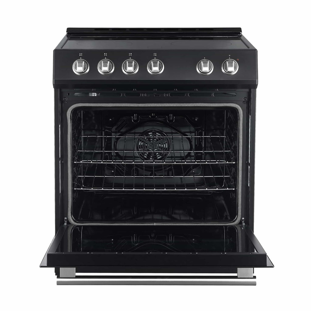 Forno 5-Piece Appliance Package - 30-Inch Electric Range, Under Cabinet Range Hood, Refrigerator with Water Dispenser, Dishwasher, and 30-Inch Microwave Drawer in Black with Stainless Steel Trim - APW5-6012-30BLK-MWD30