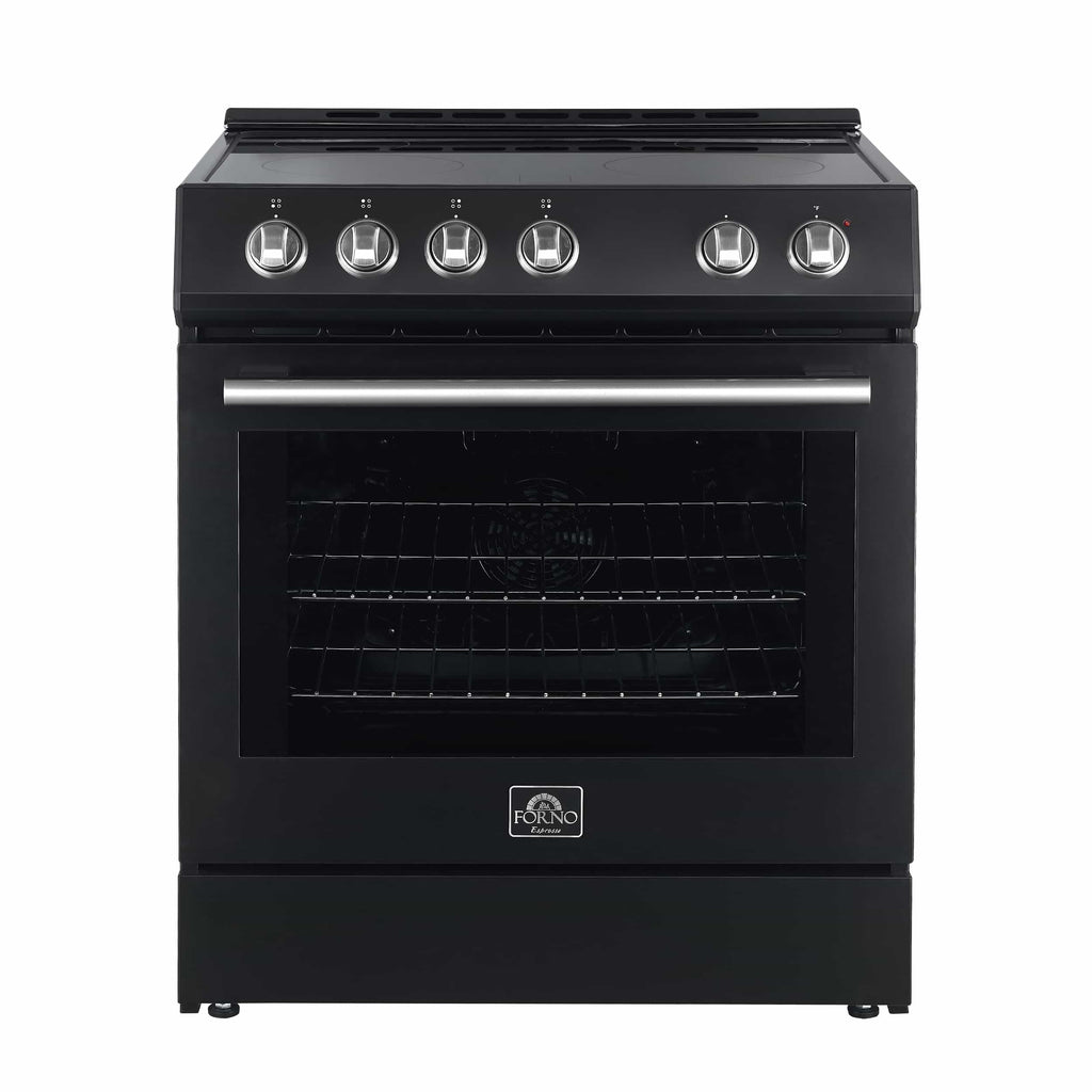 Forno 5-Piece Appliance Package - 30-Inch Electric Range, Under Cabinet Range Hood, Refrigerator with Water Dispenser, Dishwasher, and  Microwave Drawer in Black with Stainless Steel Trim - APW5-6012-30BLK